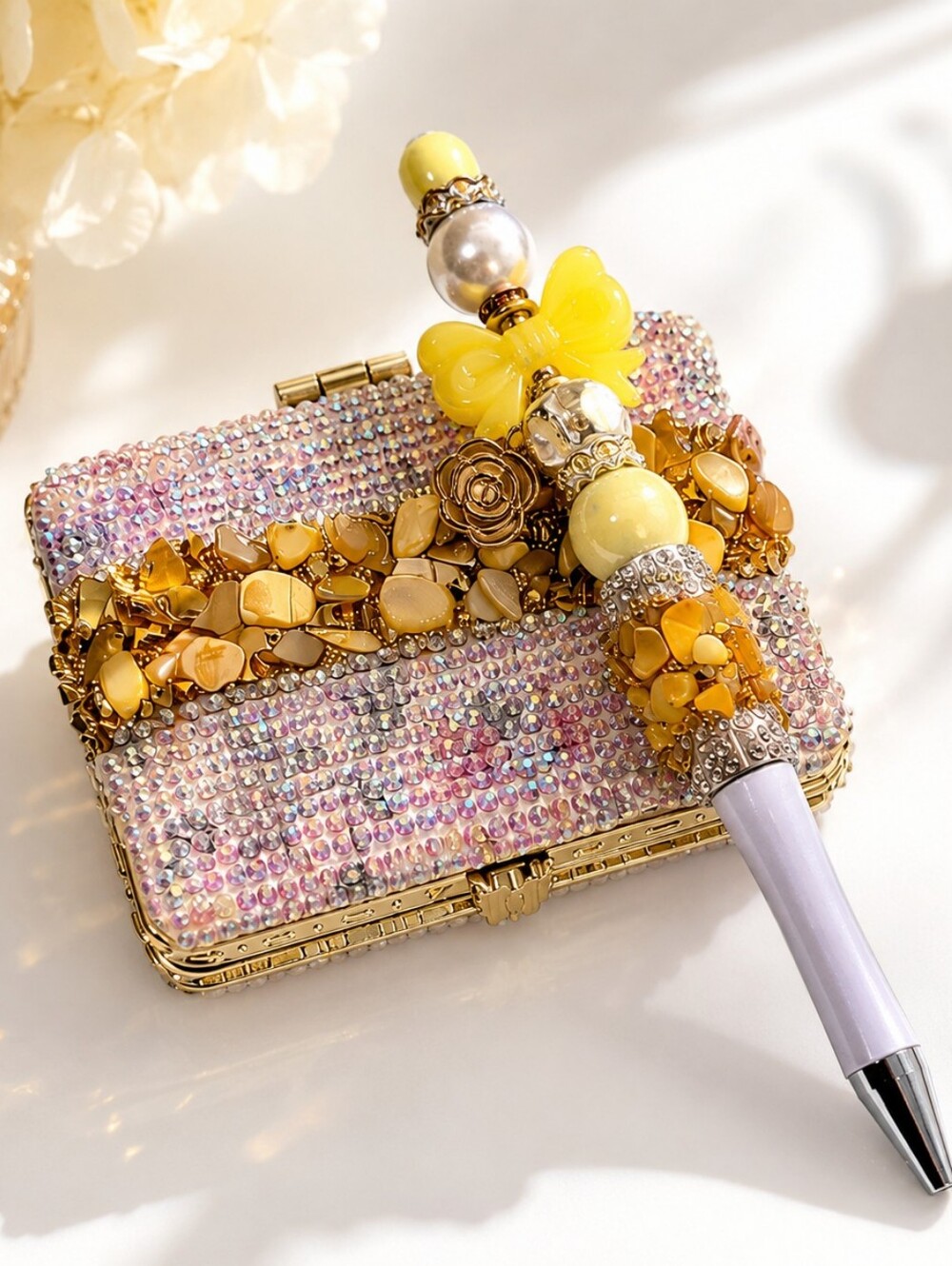 Handcrafted Rhinestone Compact Mirror & Yellow Beaded Pen Gift Set